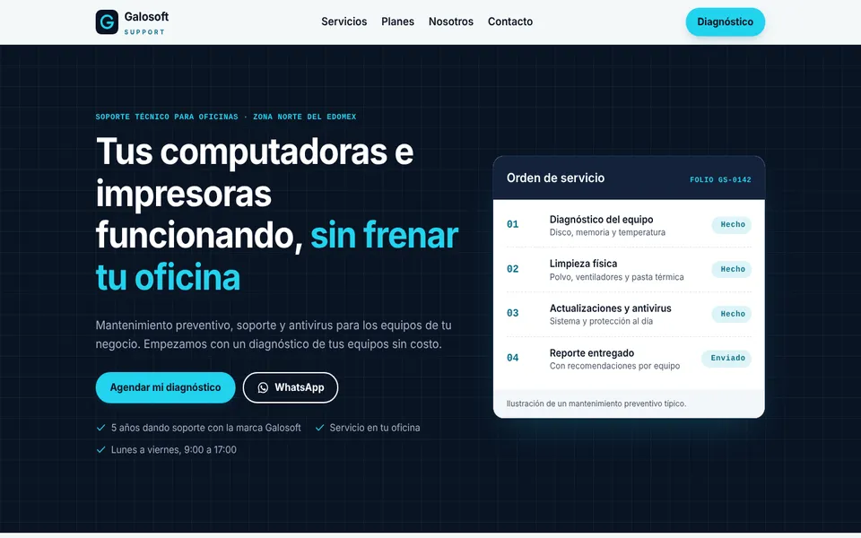 Captura de la página de inicio de Galosoft Support